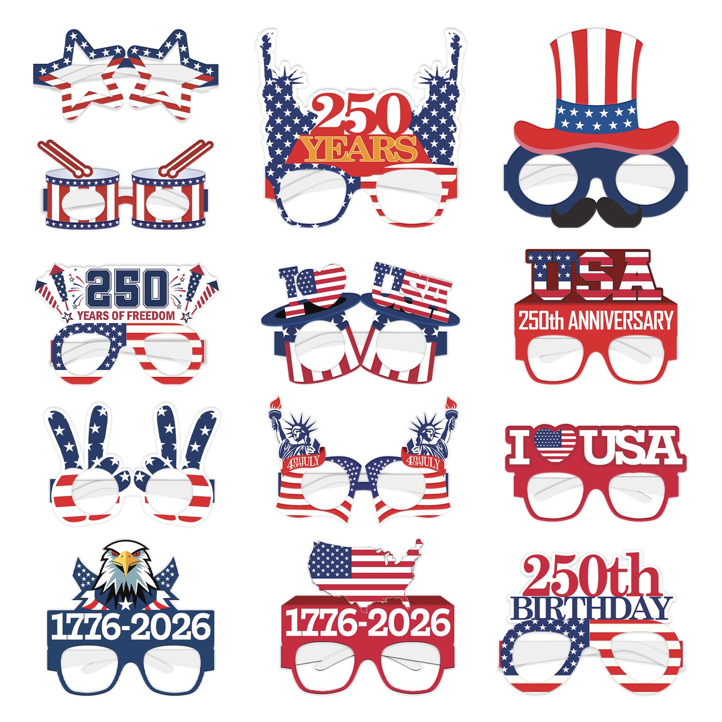 [Combo 13PCS] 250th Anniversary USA Patriotic Eyeglasses Party Decorations Paper Eyewear