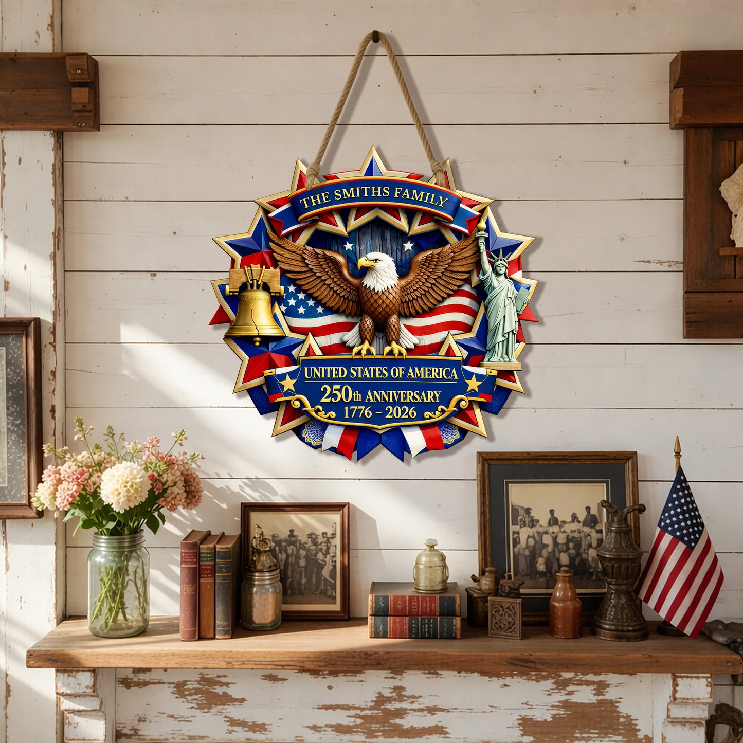 Custom Wood Sign 250th Anniversary Gift for Family 1776-2026 Patriotic Eagle