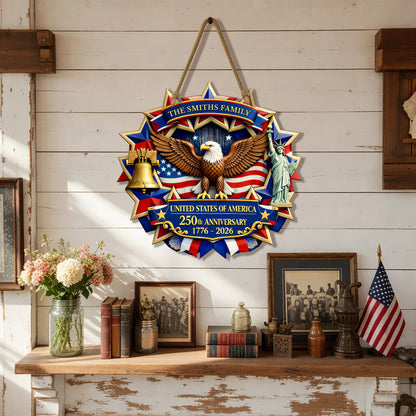 Custom Wood Sign 250th Anniversary Gift for Family 1776-2026 Patriotic Eagle