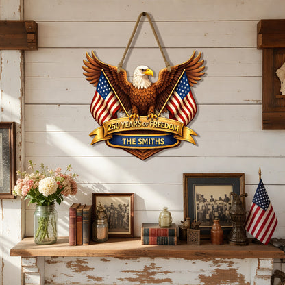 Custom Wood Sign, 250th Anniversary Gift Patriotic Eagle American Flag Family Name Decor