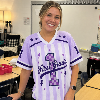 Personalized Grade And Name Preppy Stripes Stars Teacher Mesh Jersey