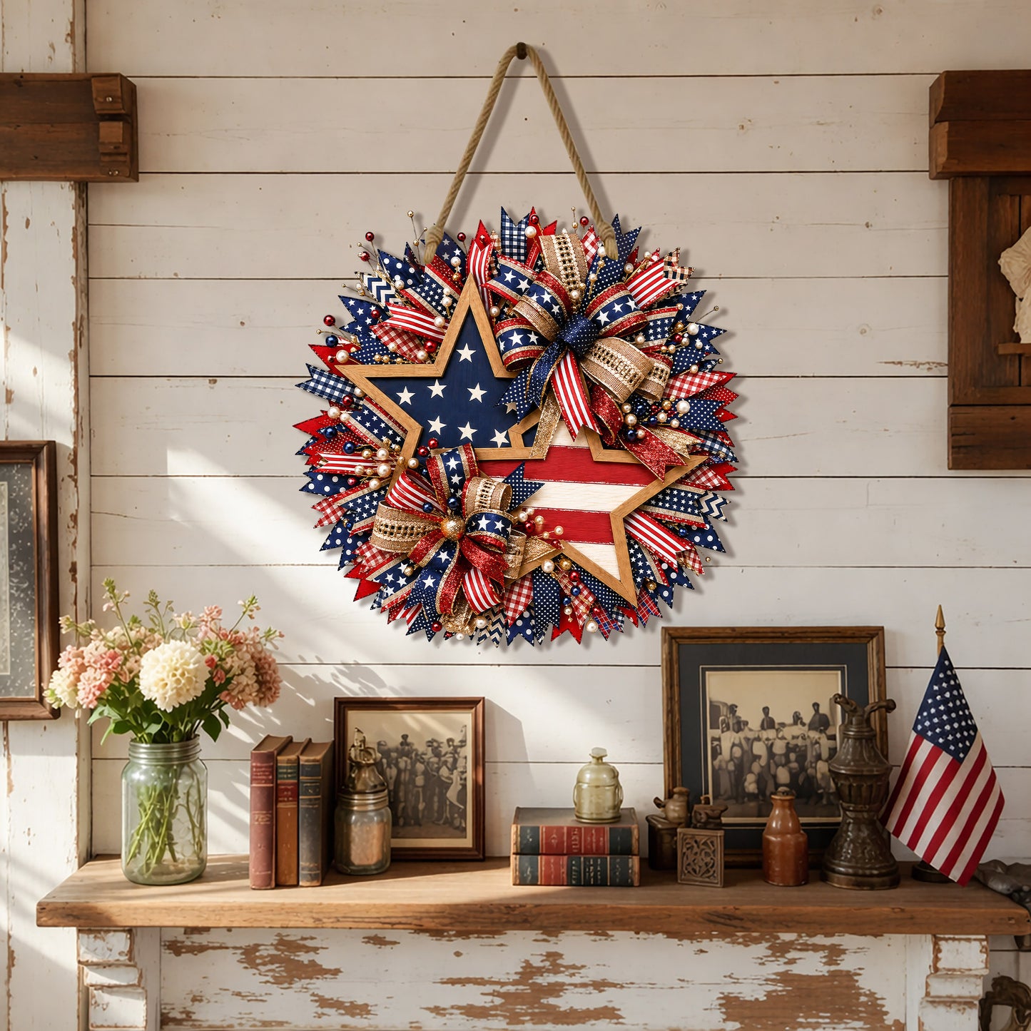 American 250th Patriotic Wood Sign – USA Flag Star Front Door Decor 1776–2026