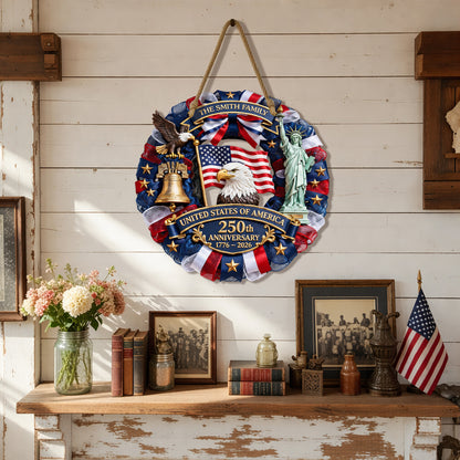 Custom Wood Sign, 250th Anniversary Gift 1776–2026 America Patriotic Family Name Door Wreath