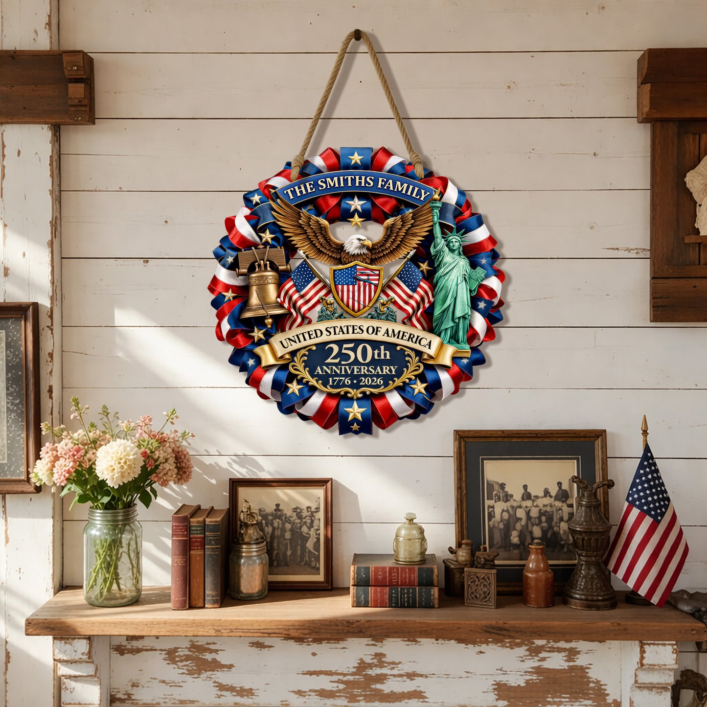Personalized 250th Anniversary USA Wood Sign – American Flag, Eagle & Statue of Liberty, 1776-2026