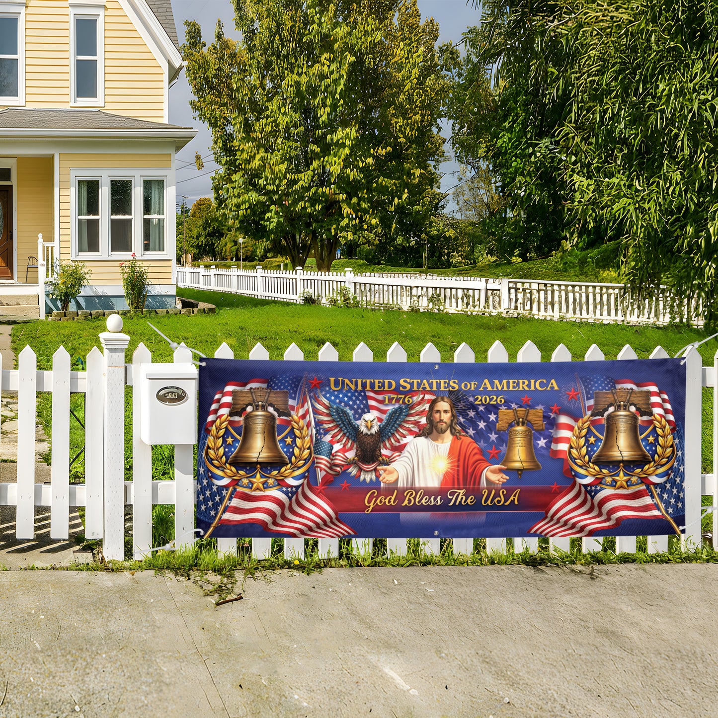 Outdoor Banner – USA 250th Anniversary God Bless America Flag, Faith & Freedom Decor