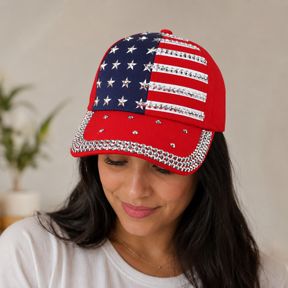 Rhinestone American Flag Sparkle 250 Years of Freedom Hat – Patriotic Baseball Cap