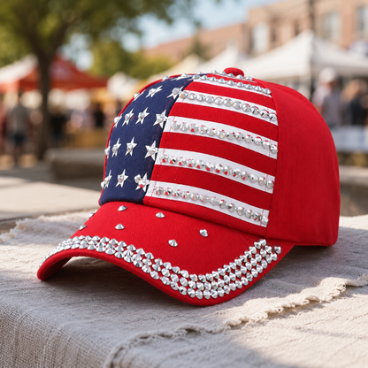 Rhinestone American Flag Sparkle 250 Years of Freedom Hat – Patriotic Baseball Cap