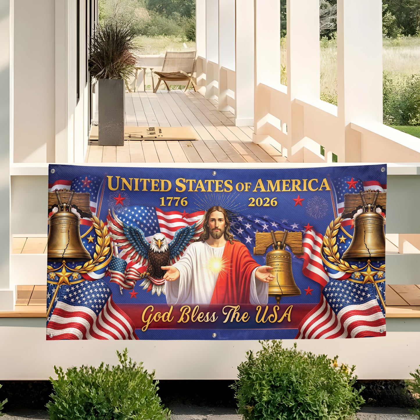 Outdoor Banner – USA 250th Anniversary God Bless America Flag, Faith & Freedom Decor