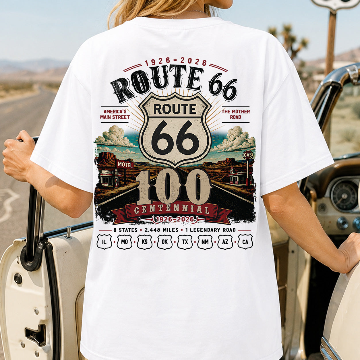 [Two Side] Route 66 Centennial 8 States 2448 Miles Unisex T-Shirt 1926-2026