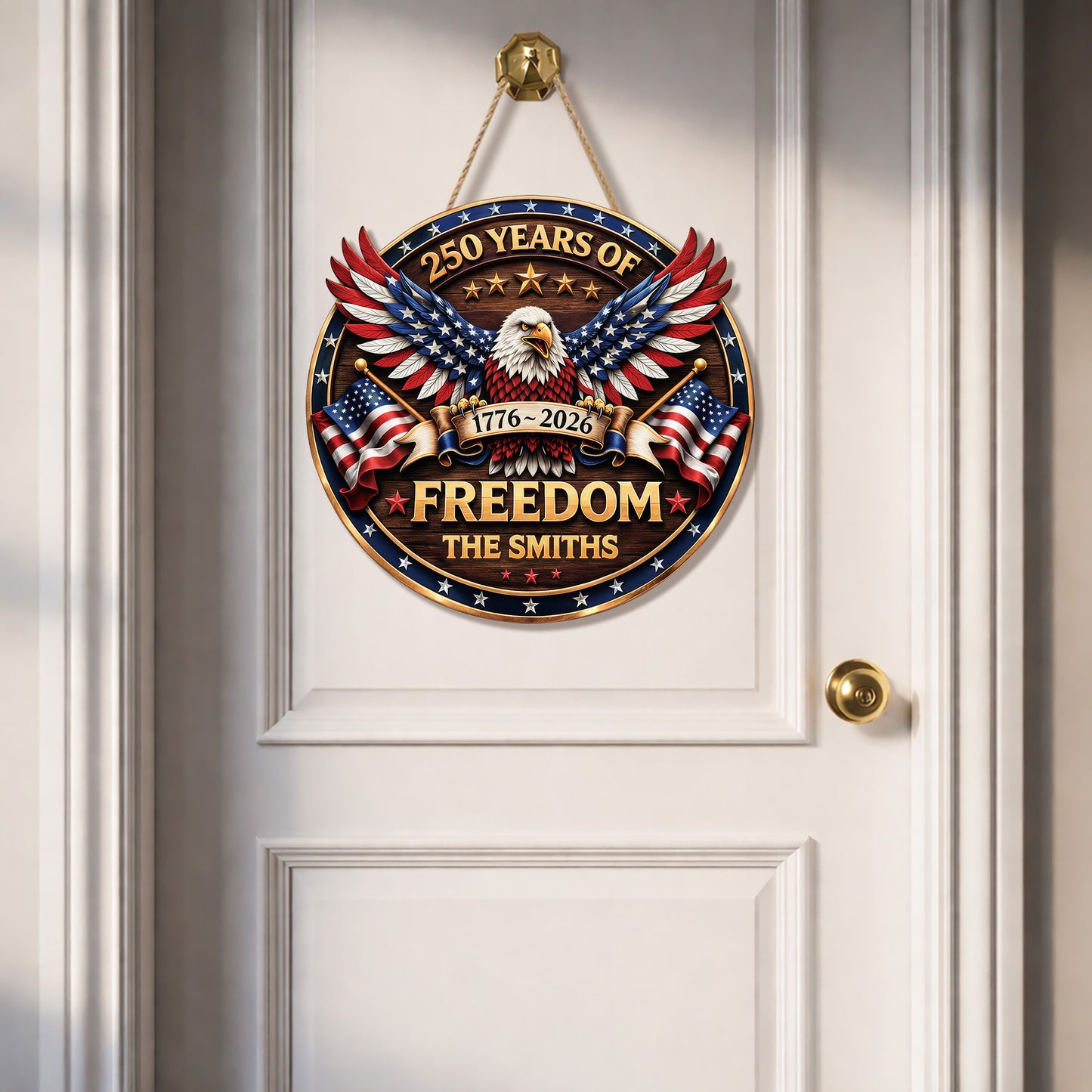 Custom Wood Sign 250th Anniversary Gift, Patriotic Family Name Freedom Door Hanger