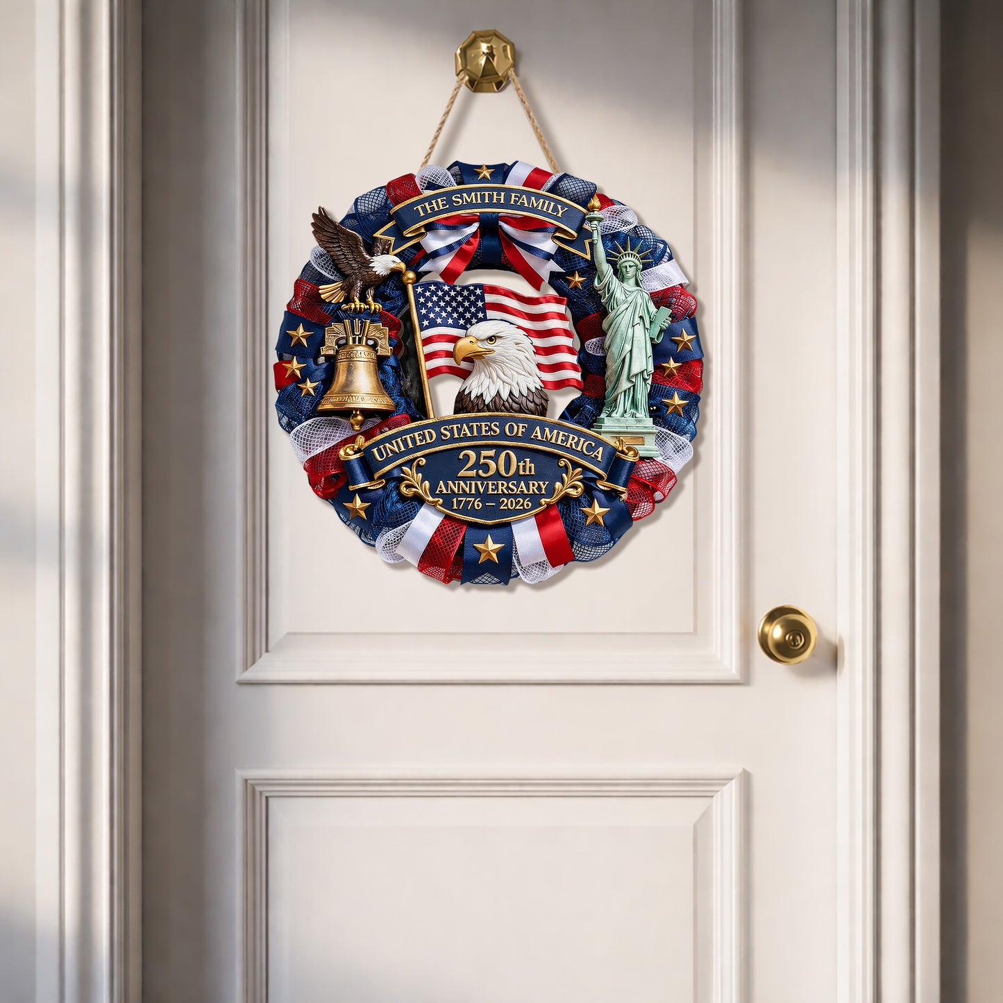 Custom Wood Sign, 250th Anniversary Gift 1776–2026 America Patriotic Family Name Door Wreath