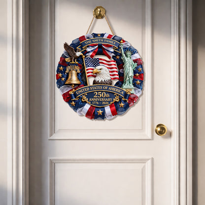 Custom Wood Sign, 250th Anniversary Gift 1776–2026 America Patriotic Family Name Door Wreath