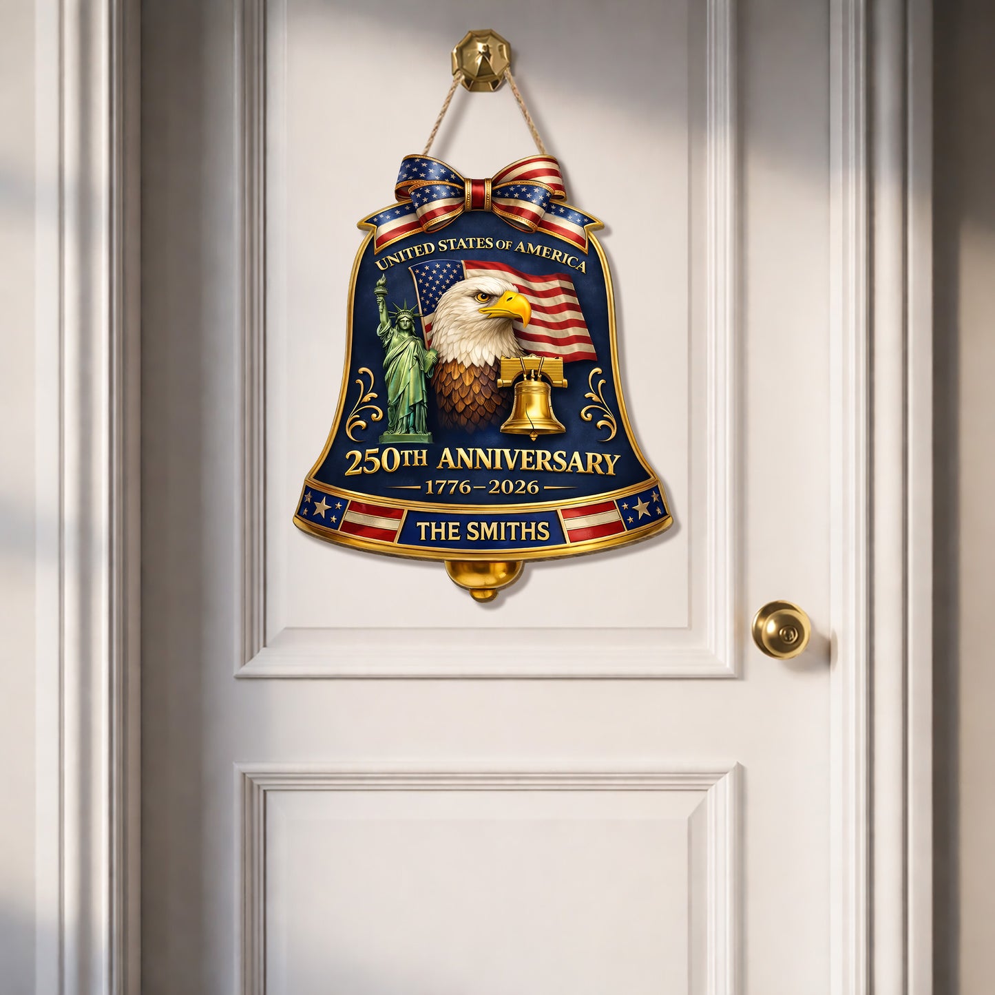 Custom Wood Sign, 250th Anniversary Gift Patriotic Eagle American Flag Family Name Door Hanger