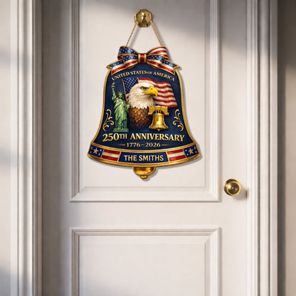 Custom Wood Sign, 250th Anniversary Gift Patriotic Eagle American Flag Family Name Door Hanger