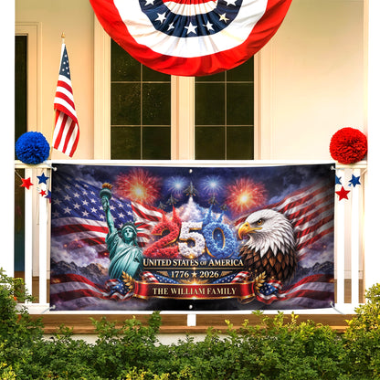 Custom Outdoor Banner – 250th Anniversary USA Flag, Liberty Eagle & Fireworks Personalized Family Banner, 1776-2026