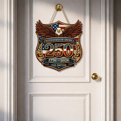 Custom Wood Sign Gift, 250th Anniversary Patriotic Family Name Door Hanger