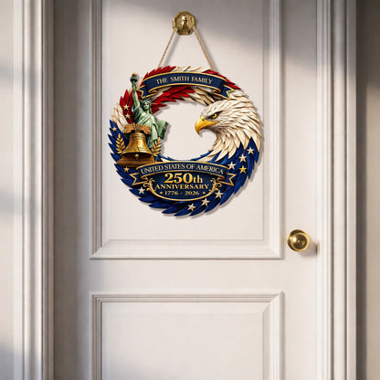 Custom Wood Sign, 250th Anniversary Gift Patriotic Eagle Family Name Door Hanger