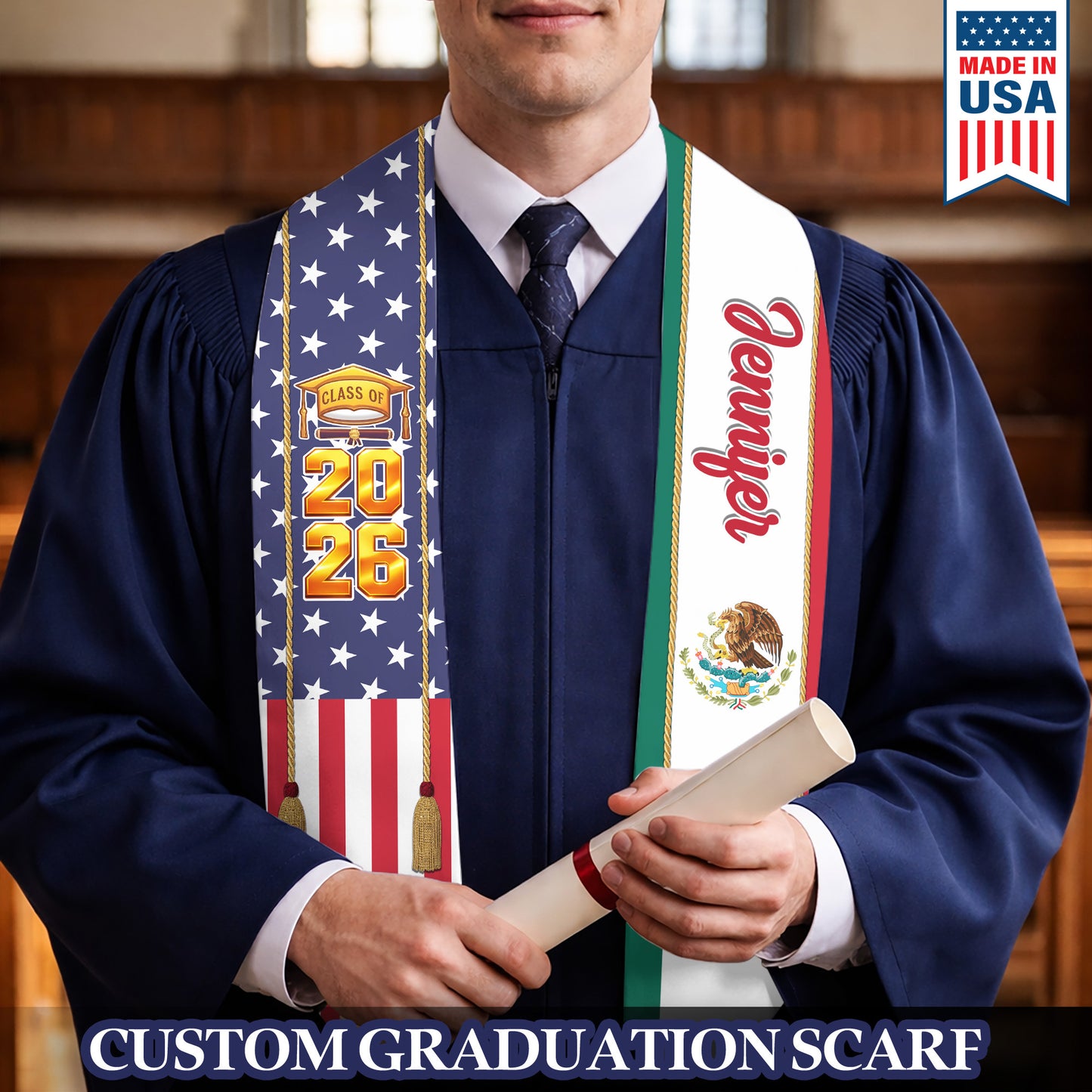 Country Flag Class of 2026 Stoles Sash, Graduation Gift, Senior Gift