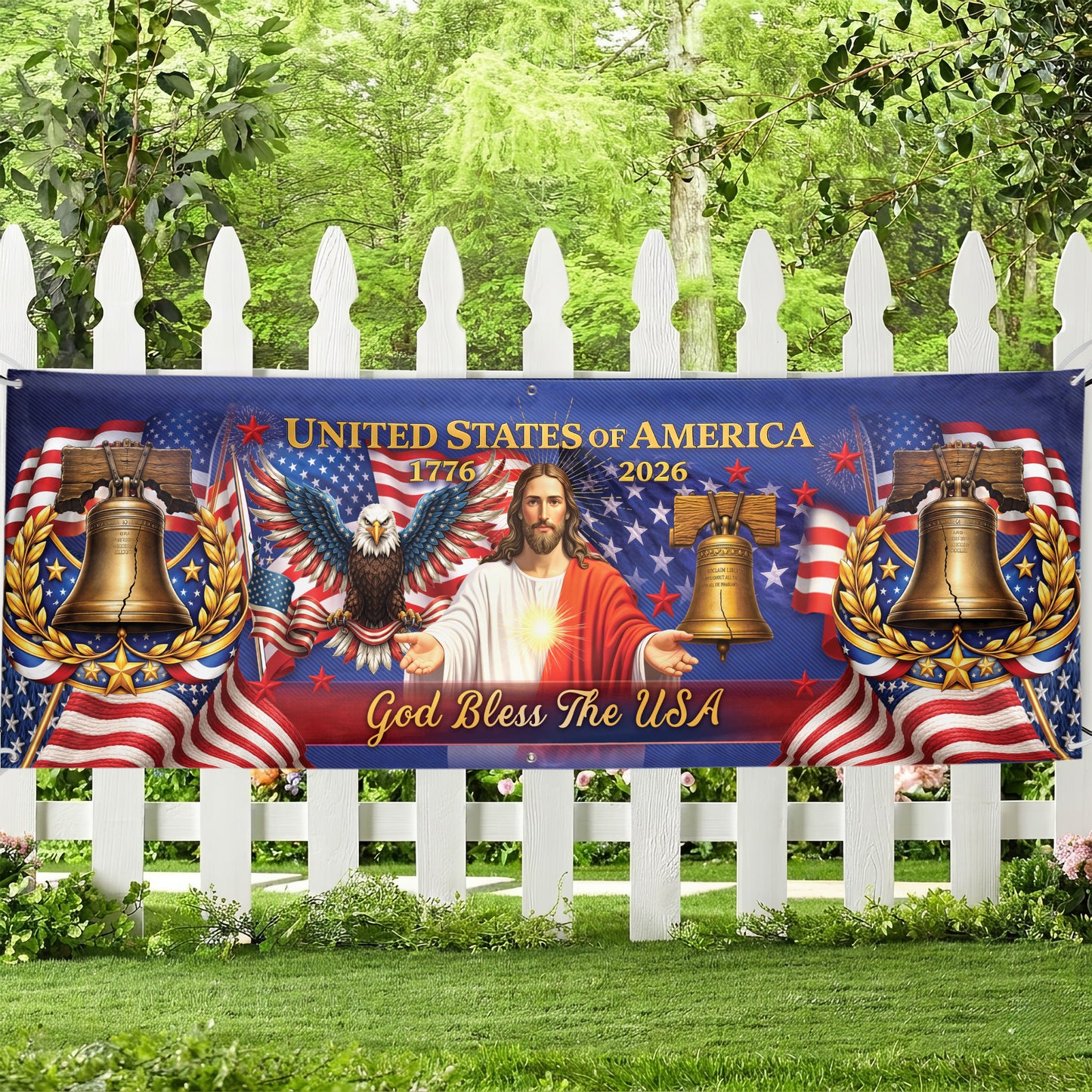 Outdoor Banner – USA 250th Anniversary God Bless America Flag, Faith & Freedom Decor