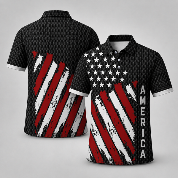 Distressed USA Flag Golf Polo Shirt - Black America Sports Top