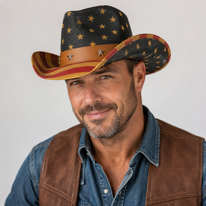 Western America Flag Stars & Stripes Cowboy Hat- USA Patriotic Fedora Hat