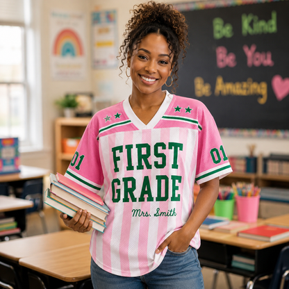 Personalized First Grade Teacher Shirt Drop Shoulder Mesh Football Jersey