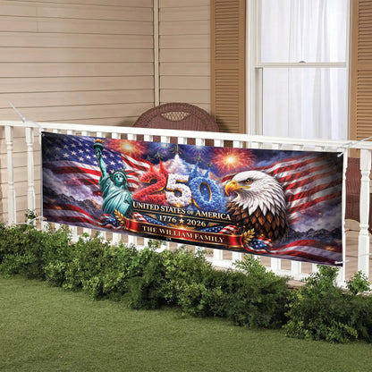 Custom Outdoor Banner – 250th Anniversary USA Flag, Liberty Eagle & Fireworks Personalized Family Banner, 1776-2026