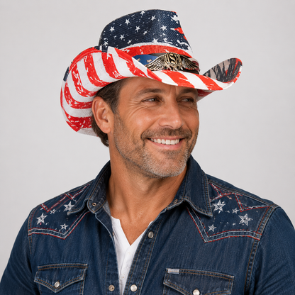 Patriotic Western USA Flag Paper Braid Cowboy Hat - USA 250th Anniversary Fedora Hat