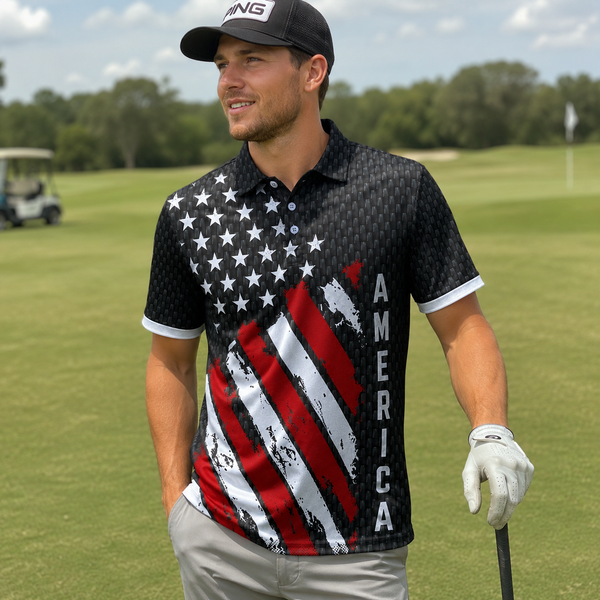 Distressed USA Flag Golf Polo Shirt - Black America Sports Top