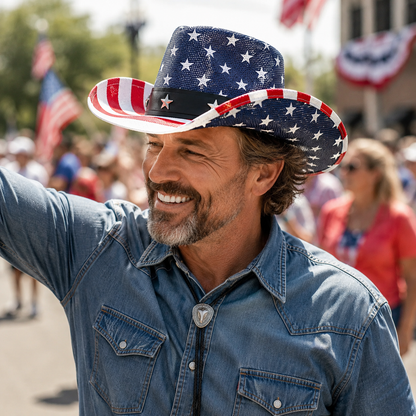 Western America Flag Stars & Stripes Cowboy Hat- USA Patriotic Fedora Hat