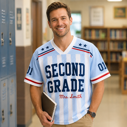 Personalized First Grade Teacher Shirt Drop Shoulder Mesh Football Jersey