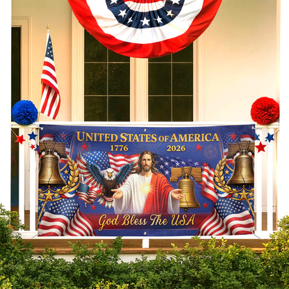 Outdoor Banner – USA 250th Anniversary God Bless America Flag, Faith & Freedom Decor