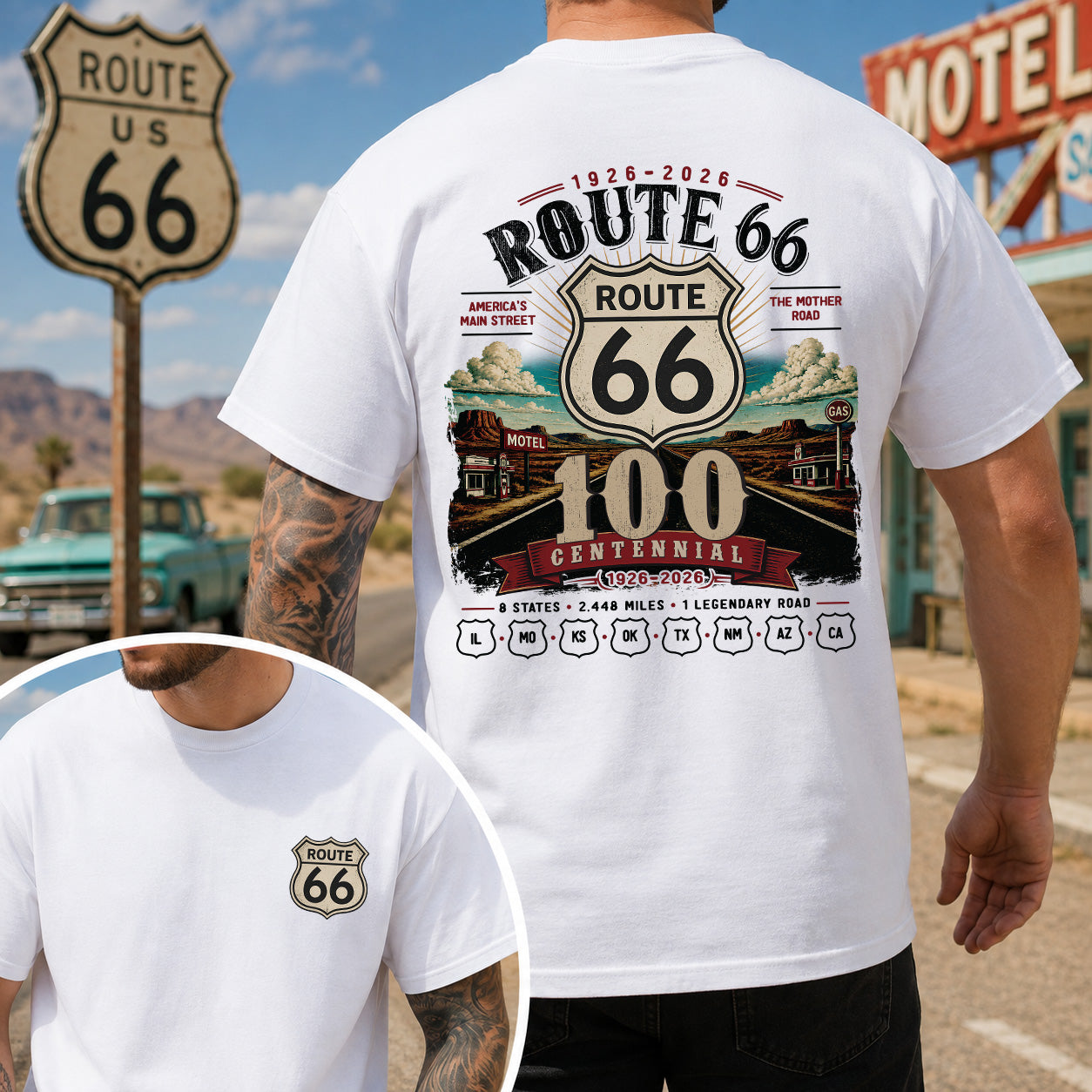 [Two Side] Route 66 Centennial 8 States 2448 Miles Unisex T-Shirt 1926-2026
