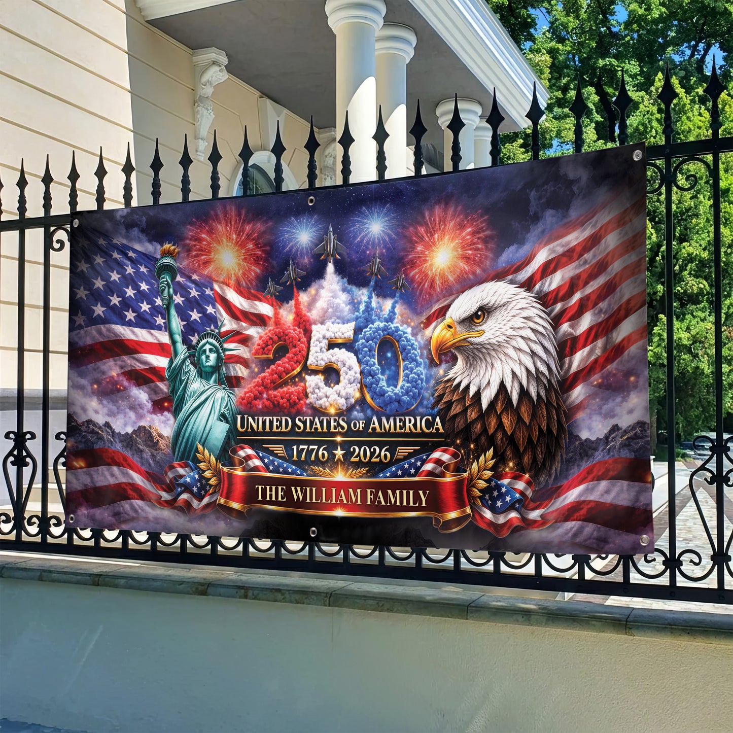 Custom Outdoor Banner – 250th Anniversary USA Flag, Liberty Eagle & Fireworks Personalized Family Banner, 1776-2026