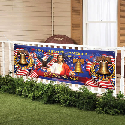 Outdoor Banner – USA 250th Anniversary God Bless America Flag, Faith & Freedom Decor