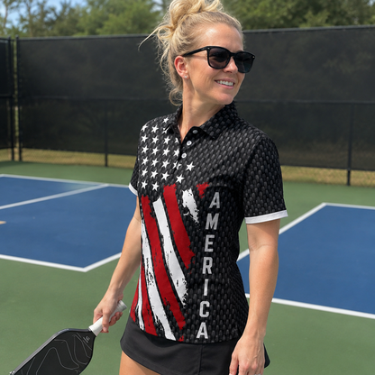 Distressed USA Flag Golf Polo Shirt - Black America Sports Top