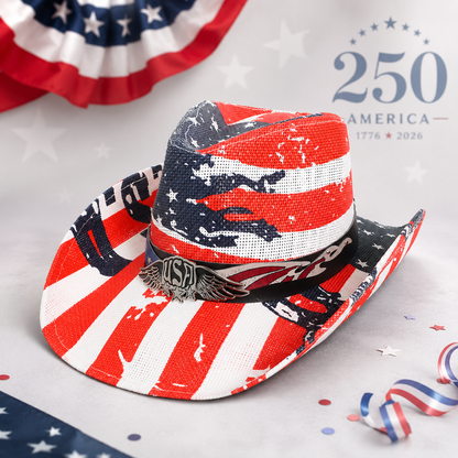 Patriotic Western USA Flag Paper Braid Cowboy Hat - USA 250th Anniversary Fedora Hat