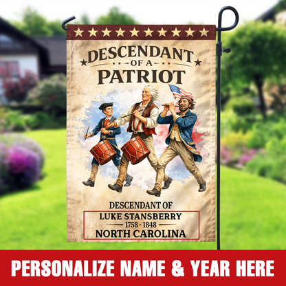 Personalized Descendant of a Patriot Spirit of 76 - USA 250th Anniversary Garden Flag