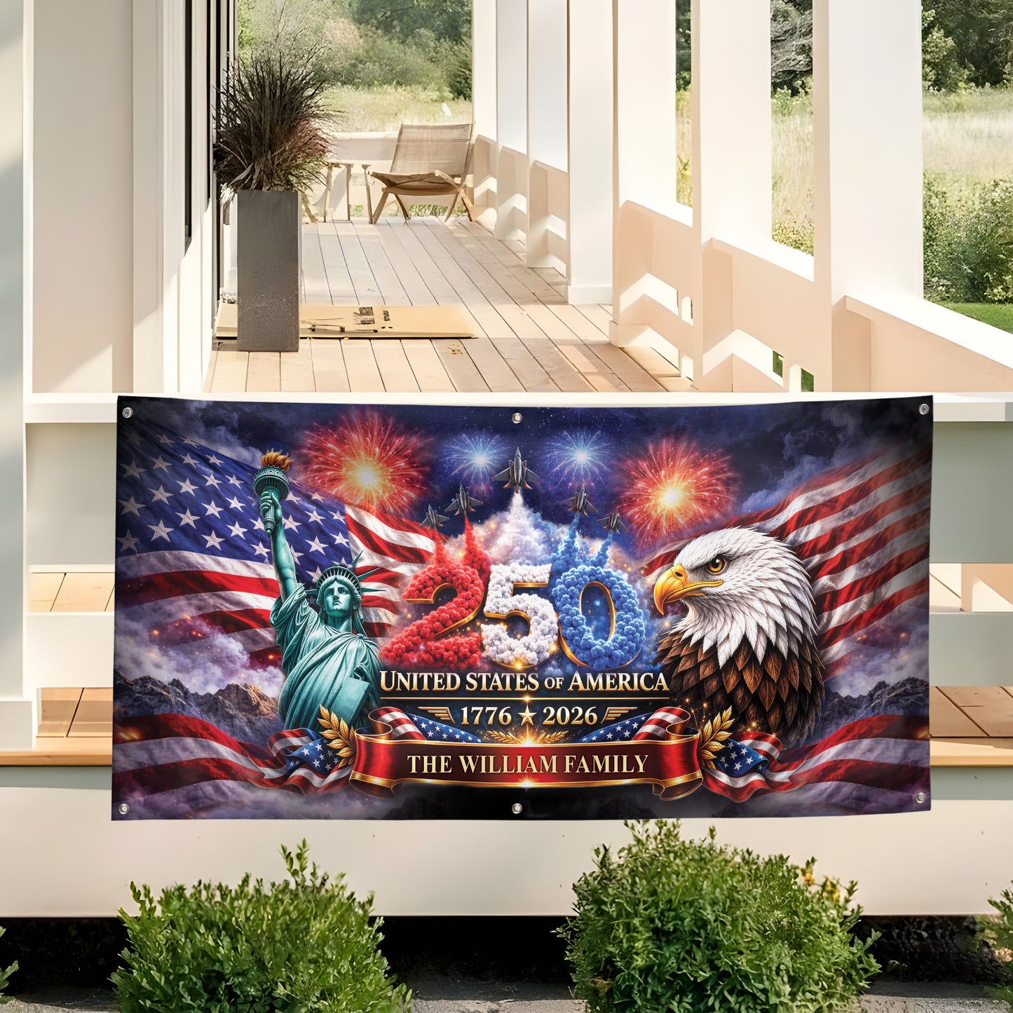 Custom Outdoor Banner – 250th Anniversary USA Flag, Liberty Eagle & Fireworks Personalized Family Banner, 1776-2026