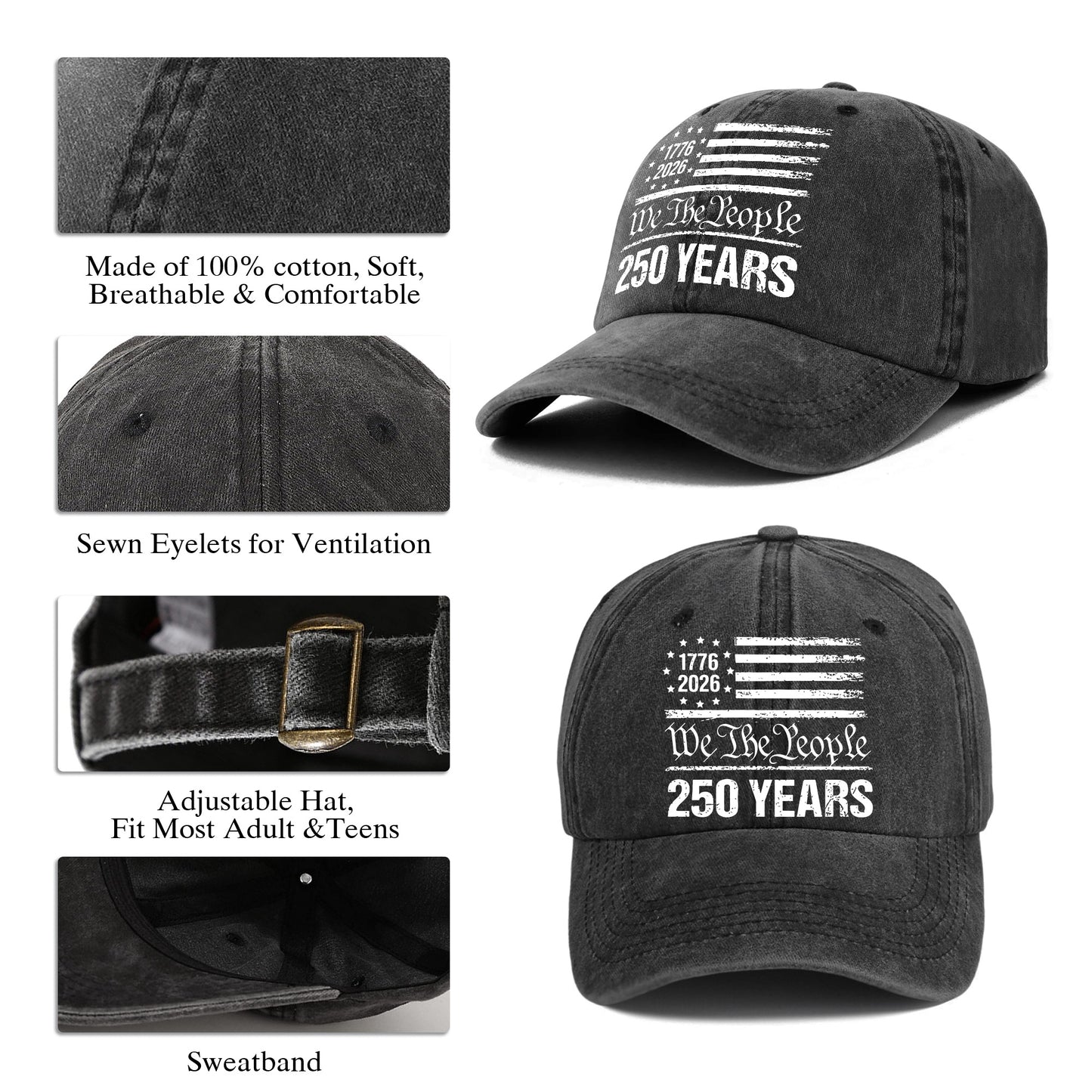 We The People 250 Years Printed Vintage Washed Baseball Cap | 250th Anniversary Hat