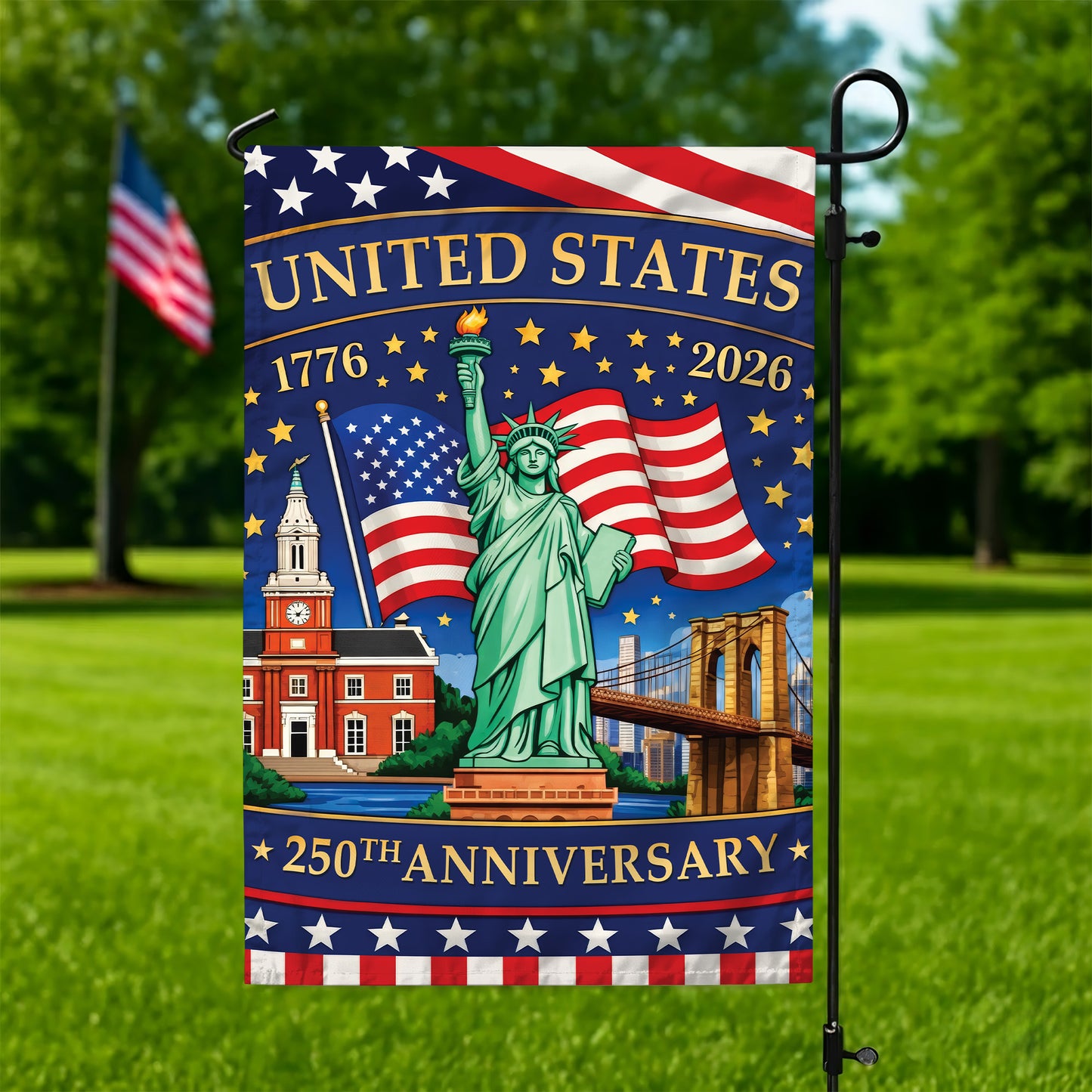 United States 250th Anniversary Flag – Statue of Liberty & American Landmarks, 1776-2026, Patriotic Decor