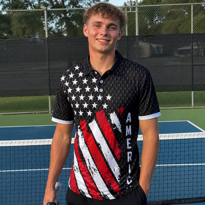 Distressed USA Flag Golf Polo Shirt - Black America Sports Top