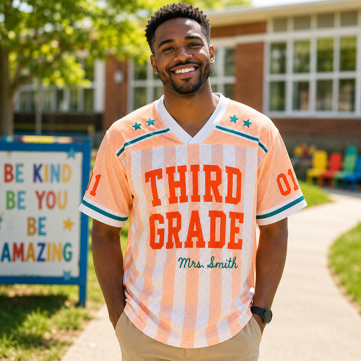 Personalized First Grade Teacher Shirt Drop Shoulder Mesh Football Jersey