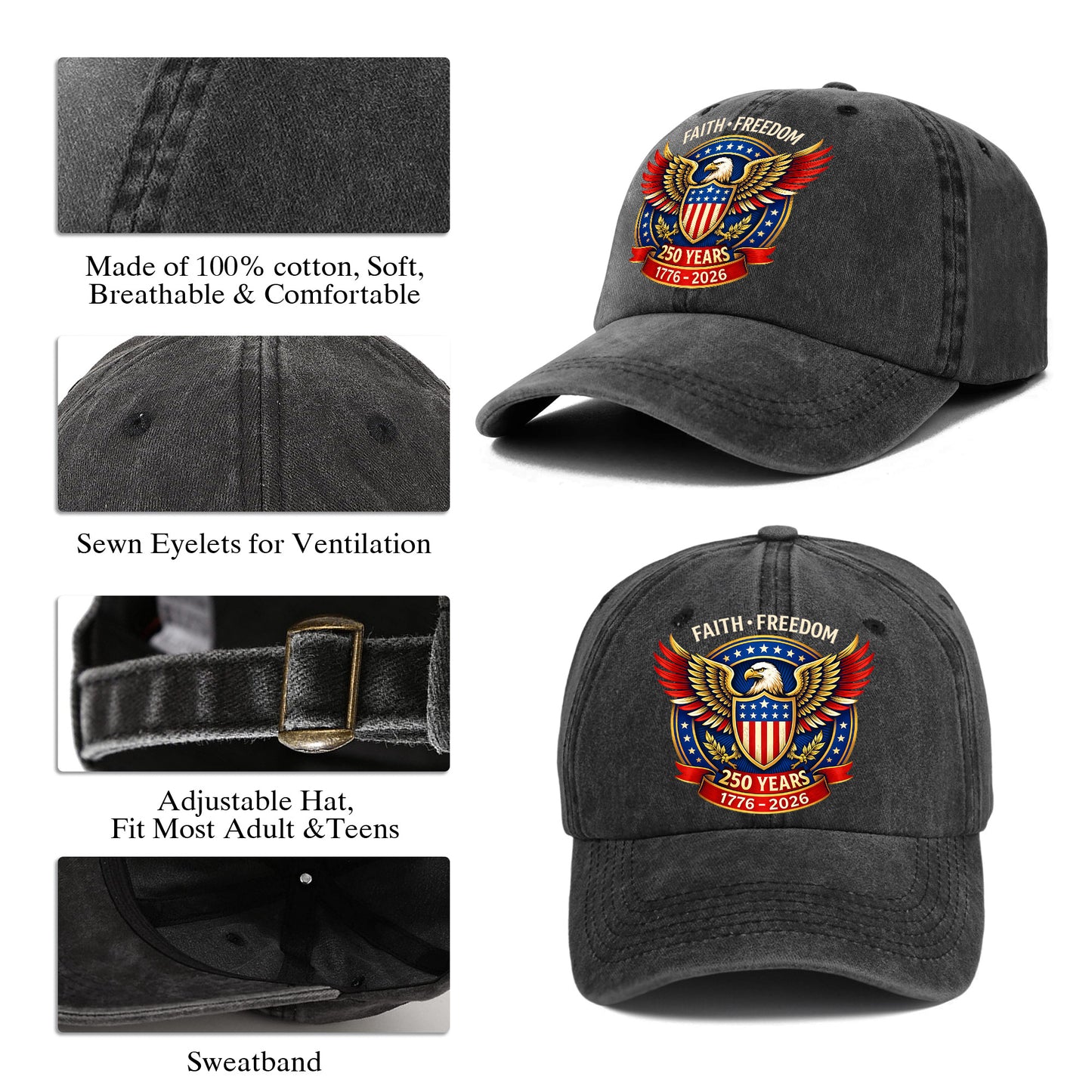 Personalized Eagle Faith Freedom USA Printed Vintage Washed Baseball Cap | 250th Anniversary Hat