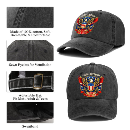 Personalized Eagle Faith Freedom USA Printed Vintage Washed Baseball Cap | 250th Anniversary Hat