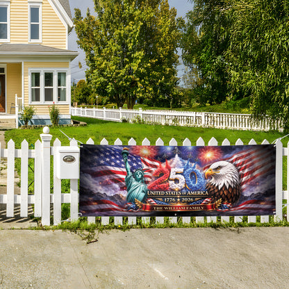 Custom Outdoor Banner – 250th Anniversary USA Flag, Liberty Eagle & Fireworks Personalized Family Banner, 1776-2026