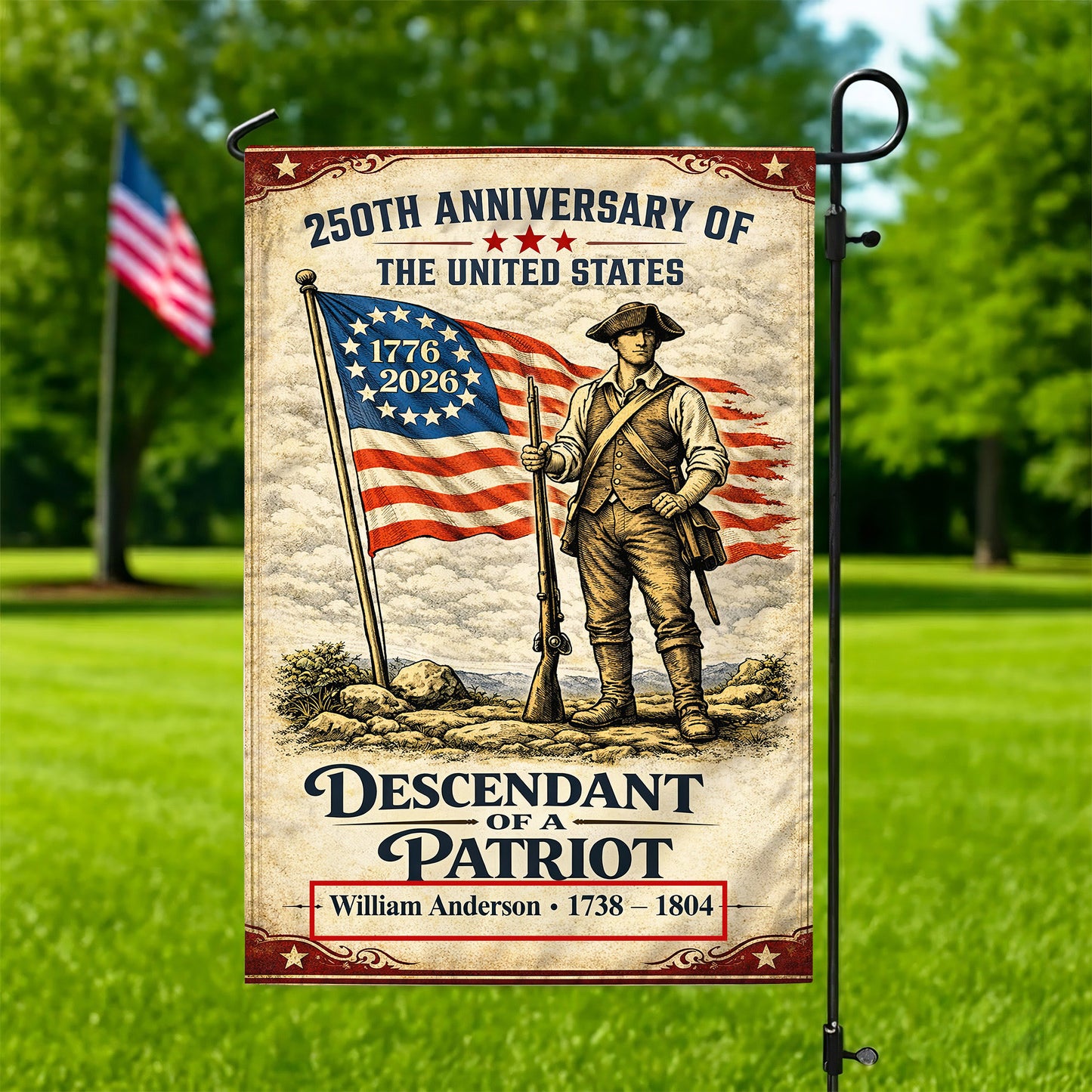 Personalized Descendant Of A Patriot 250th Anniversary Flag, Patriotic American Flag Decor