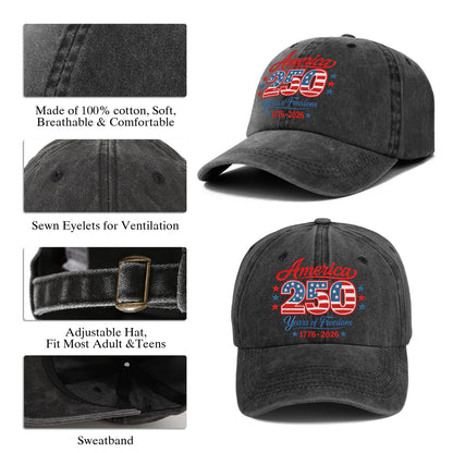 America 250 Years of Freedom Printed Vintage Washed Baseball Cap | 250th Anniversary Hat