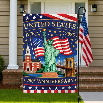 United States 250th Anniversary Flag – Statue of Liberty & American Landmarks, 1776-2026, Patriotic Decor