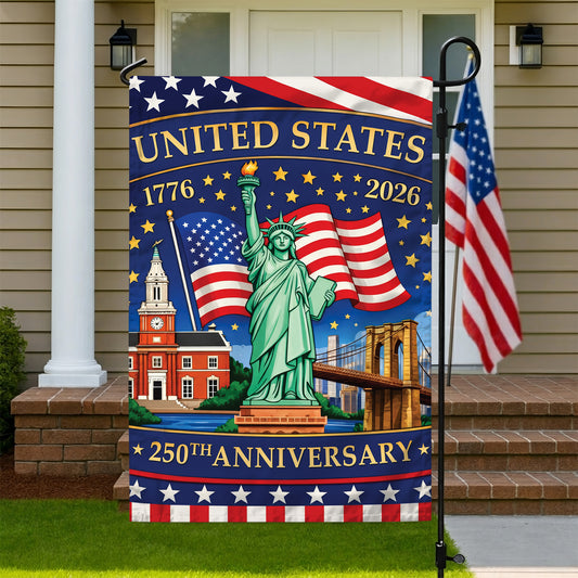 United States 250th Anniversary Flag – Statue of Liberty & American Landmarks, 1776-2026, Patriotic Decor